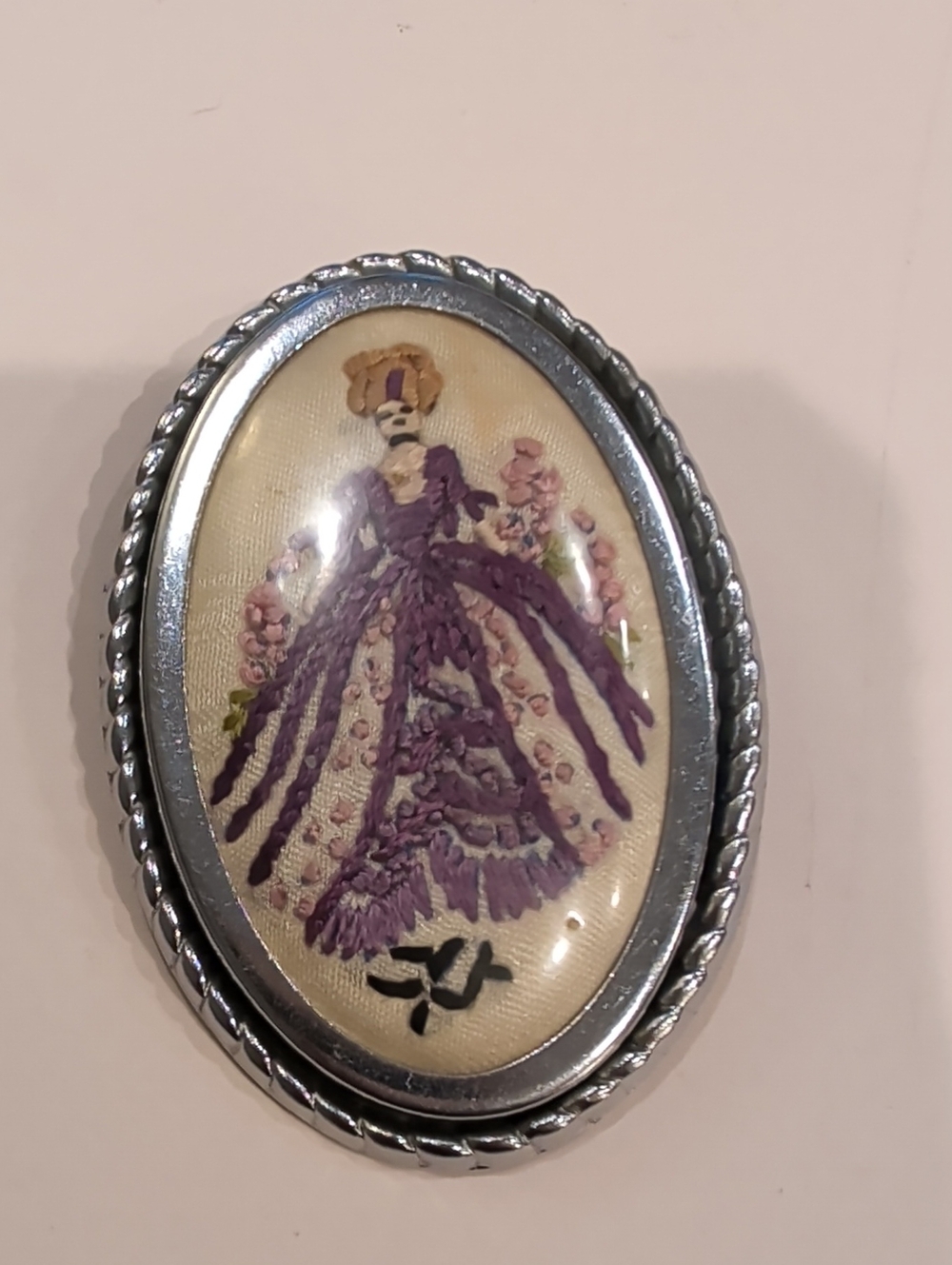 Vintage Purple Victorian Embroidered Cameo Brooch